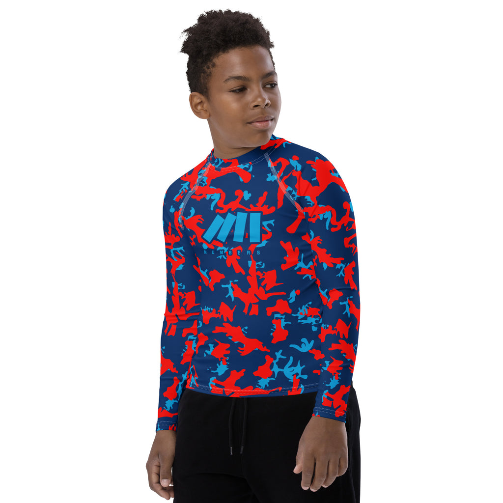Athletic sports compression shirt for youth football, basketball, baseball, golf, softball etc similar to Nike, Under Armour, Adidas, Sleefs, printed with camouflage blue, baby blue, and red Tennessee Titans colors