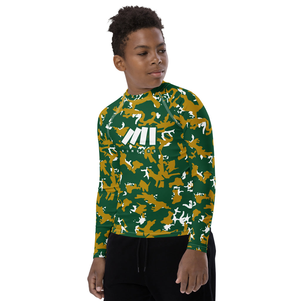 Athletic sports compression shirt for youth football, basketball, baseball, golf, softball etc similar to Nike, Under Armour, Adidas, Sleefs, printed with camouflage green, gold and white Colorado State Rams colors