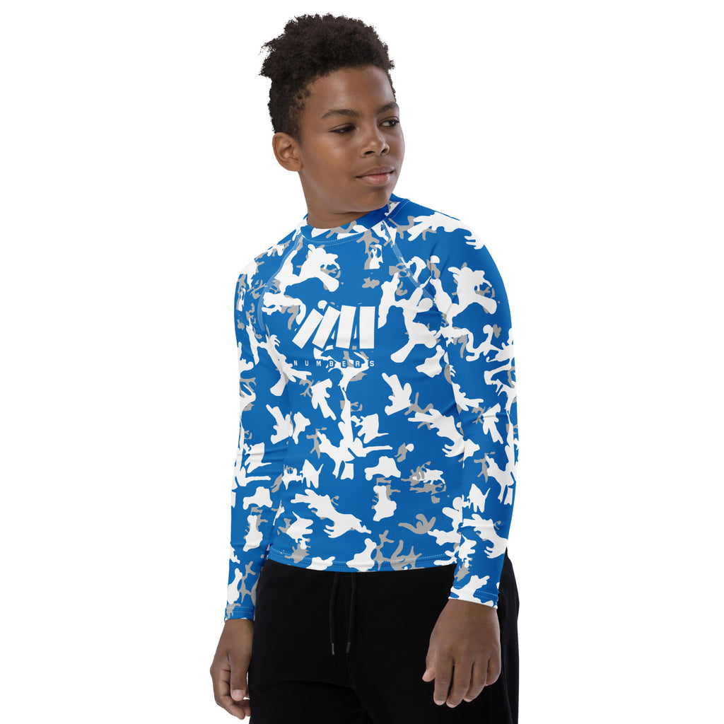 Athletic sports compression shirt for youth football, basketball, baseball, golf, softball etc similar to Nike, Under Armour, Adidas, Sleefs, printed with camouflage blue, gray and white Detroit Lions colors