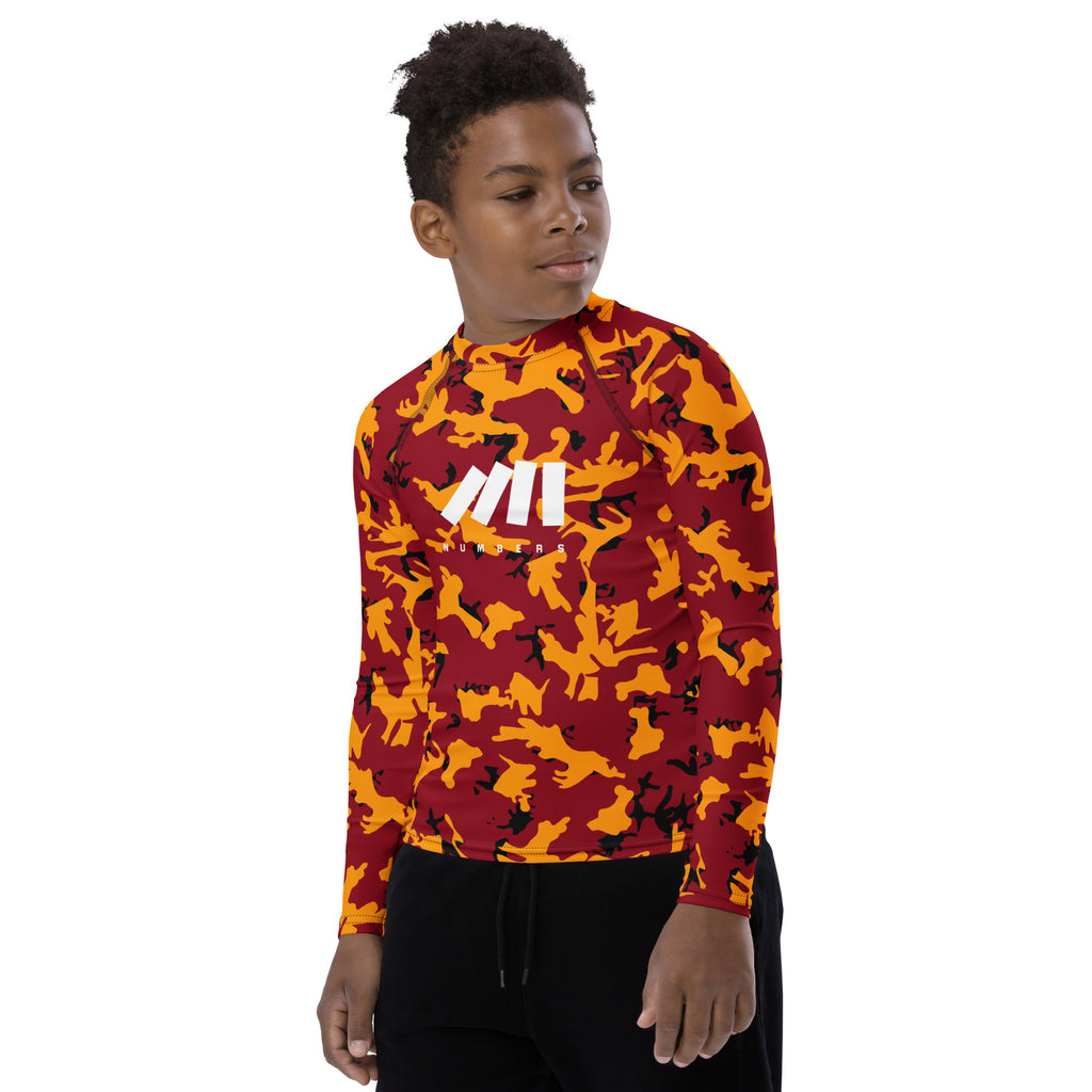 Athletic sports compression shirt for youth football, basketball, baseball, golf, softball etc similar to Nike, Under Armour, Adidas, Sleefs, printed with camouflage maroon, yellow and black ASU Sun Devils colors