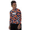 Athletic sports compression shirt for youth football, basketball, baseball, golf, softball etc similar to Nike, Under Armour, Adidas, Sleefs, printed with camouflage blue, orange and white Detroit Tigers colors