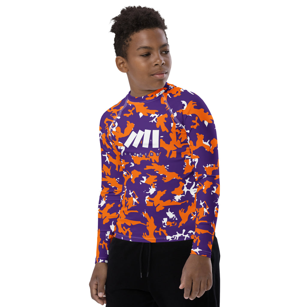 Athletic sports compression shirt for youth football, basketball, baseball, golf, softball etc similar to Nike, Under Armour, Adidas, Sleefs, printed with camouflage purple, orange and white Clemson Tigers colors