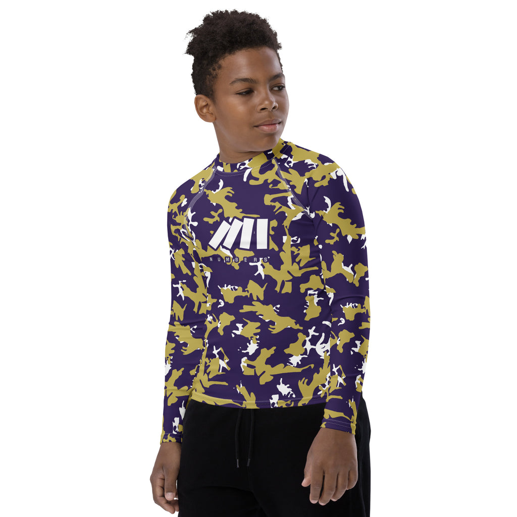 Athletic sports compression shirt for youth football, basketball, baseball, golf, softball etc similar to Nike, Under Armour, Adidas, Sleefs, printed with camouflage purple, gold and white Washington Huskies colors