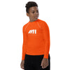 Athletic sports compression shirt for youth football, basketball, baseball, golf, softball etc similar to Nike, Under Armour, Adidas, Sleefs, printed in the color orange