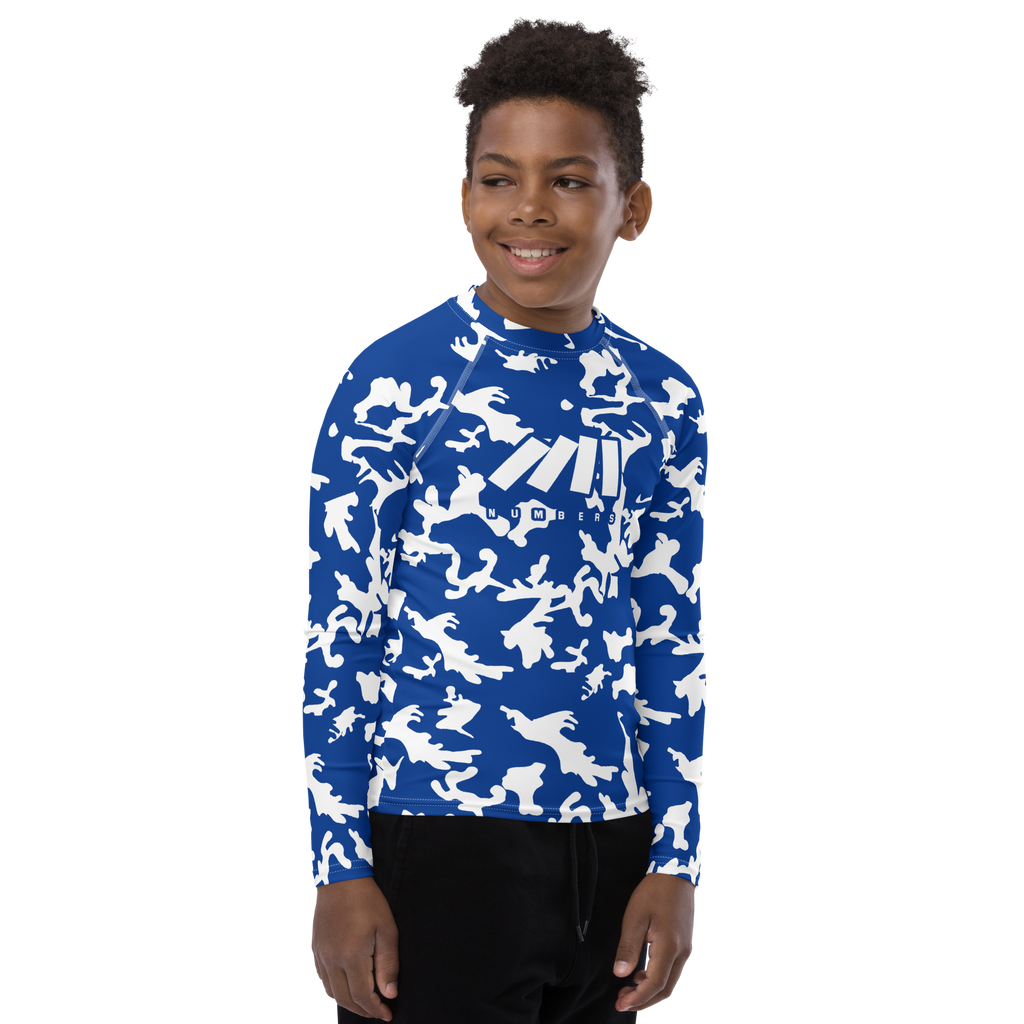 Athletic sports compression shirt for youth football, basketball, baseball, golf, softball etc similar to Nike, Under Armour, Adidas, Sleefs, printed with camouflage blue and white colors