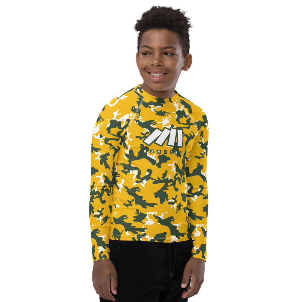 Athletic sports compression shirt for youth football, basketball, baseball, golf, softball etc similar to Nike, Under Armour, Adidas, Sleefs, printed with camouflage yellow, green, and white Green Bay Packers colors