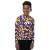 Athletic sports compression shirt for youth football, basketball, baseball, golf, softball etc similar to Nike, Under Armour, Adidas, Sleefs, printed with camouflage purple, yellow and white Minnesota Vikings colors