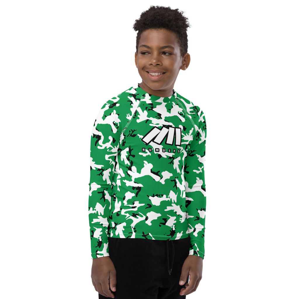 Athletic sports compression shirt for youth football, basketball, baseball, golf, softball etc similar to Nike, Under Armour, Adidas, Sleefs, printed with camouflage green, black and white Boston Celtics colors