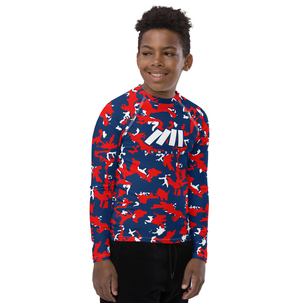 Athletic sports compression shirt for youth football, basketball, baseball, golf, softball etc similar to Nike, Under Armour, Adidas, Sleefs, printed with camouflage red, blue and white Houston Texanscolors