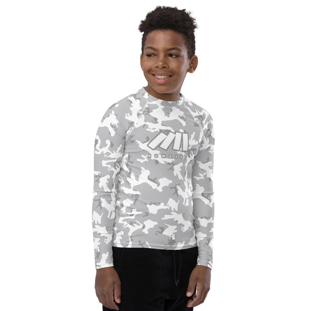 Athletic sports compression shirt for youth football, basketball, baseball, golf, softball etc similar to Nike, Under Armour, Adidas, Sleefs, printed with camouflage gray and white colors