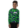 Athletic sports compression shirt for youth football, basketball, baseball, golf, softball etc similar to Nike, Under Armour, Adidas, Sleefs, printed with camouflage blue, green, and white Seattle Seahawks colors