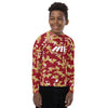 Athletic sports compression shirt for youth football, basketball, baseball, golf, softball etc similar to Nike, Under Armour, Adidas, Sleefs, printed with camouflage maroon, gold and white Florida State Seminoles colors