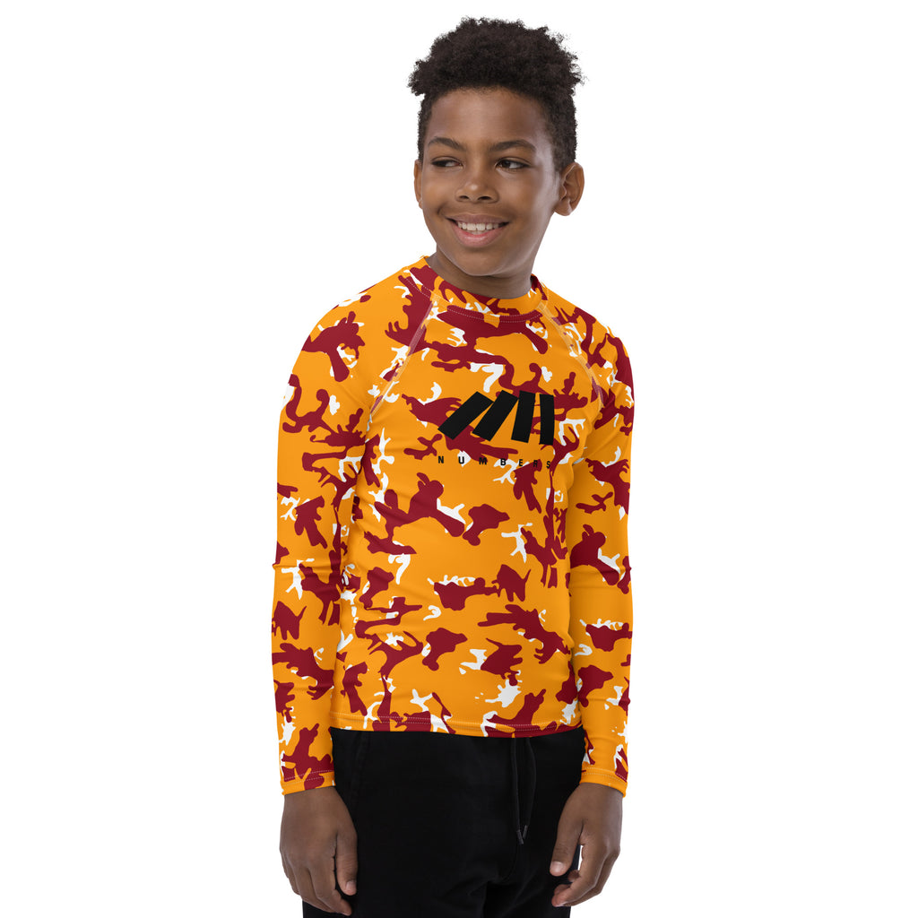 Athletic sports compression shirt for youth football, basketball, baseball, golf, softball etc similar to Nike, Under Armour, Adidas, Sleefs, printed with camouflage yellow, maroon and white Washington Commanders colors
