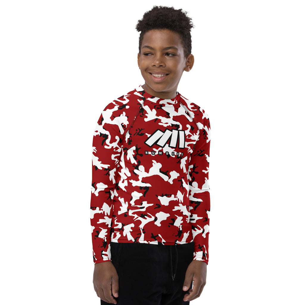 Athletic sports compression shirt for youth football, basketball, baseball, golf, softball etc similar to Nike, Under Armour, Adidas, Sleefs, printed with camouflage maroon, black and white Arizona Cardinals colors