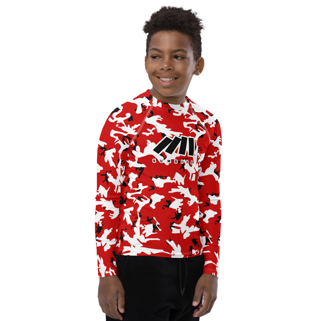 Athletic sports compression shirt for youth football, basketball, baseball, golf, softball etc similar to Nike, Under Armour, Adidas, Sleefs, printed with camouflage red, black and white Portland Trailblazers colors