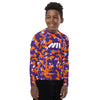 Athletic sports compression shirt for youth football, basketball, baseball, golf, softball etc similar to Nike, Under Armour, Adidas, Sleefs, printed with camouflage purple, orange and white Clemson Tigers colors
