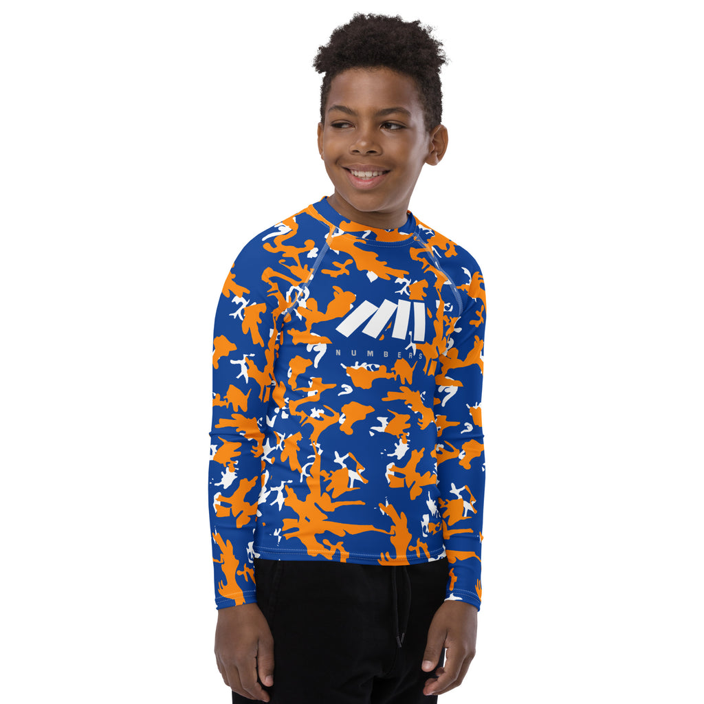 Athletic sports compression shirt for youth football, basketball, baseball, golf, softball etc similar to Nike, Under Armour, Adidas, Sleefs, printed with camouflage orange, blue and white New York Islanders colors