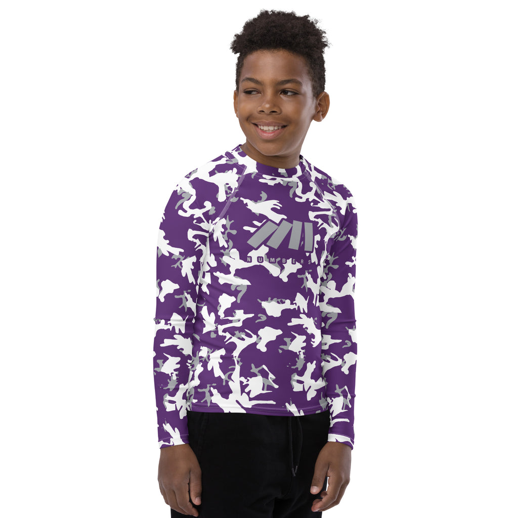 Athletic sports compression shirt for youth football, basketball, baseball, golf, softball etc similar to Nike, Under Armour, Adidas, Sleefs, printed with camouflage purple, gray and white Sacramento Kings colors