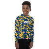Athletic sports compression shirt for youth football, basketball, baseball, golf, softball etc similar to Nike, Under Armour, Adidas, Sleefs, printed with camouflage navy blue, yellow and white Michigan Wolverines colors