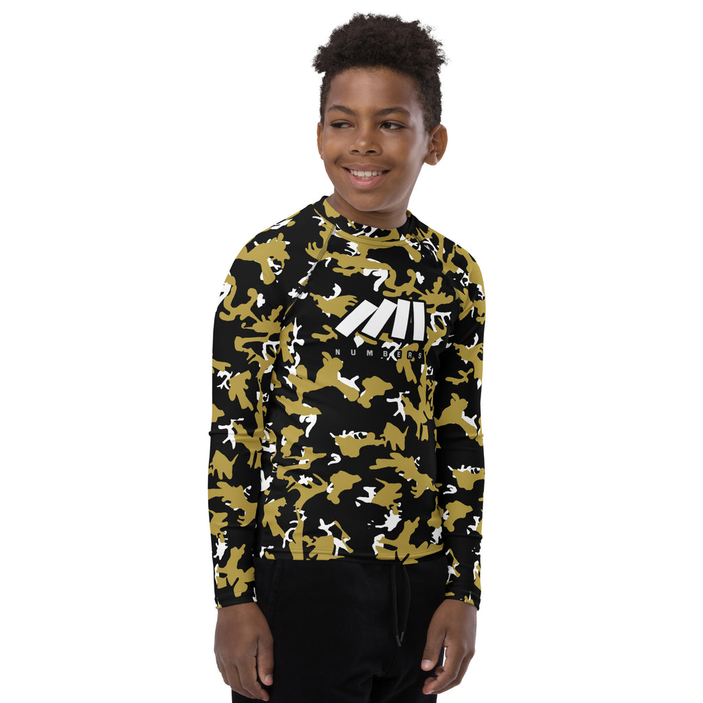 Athletic sports compression shirt for youth football, basketball, baseball, golf, softball etc similar to Nike, Under Armour, Adidas, Sleefs, printed with camouflage black, gold and white New Orleans Saints colors