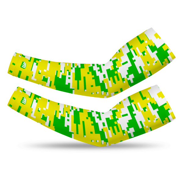 Athletic sports compression arm sleeve for youth and adult football, basketball, baseball, and softball printed with digicamo Oregon Ducks colors in fluorescent, yellow, green, white