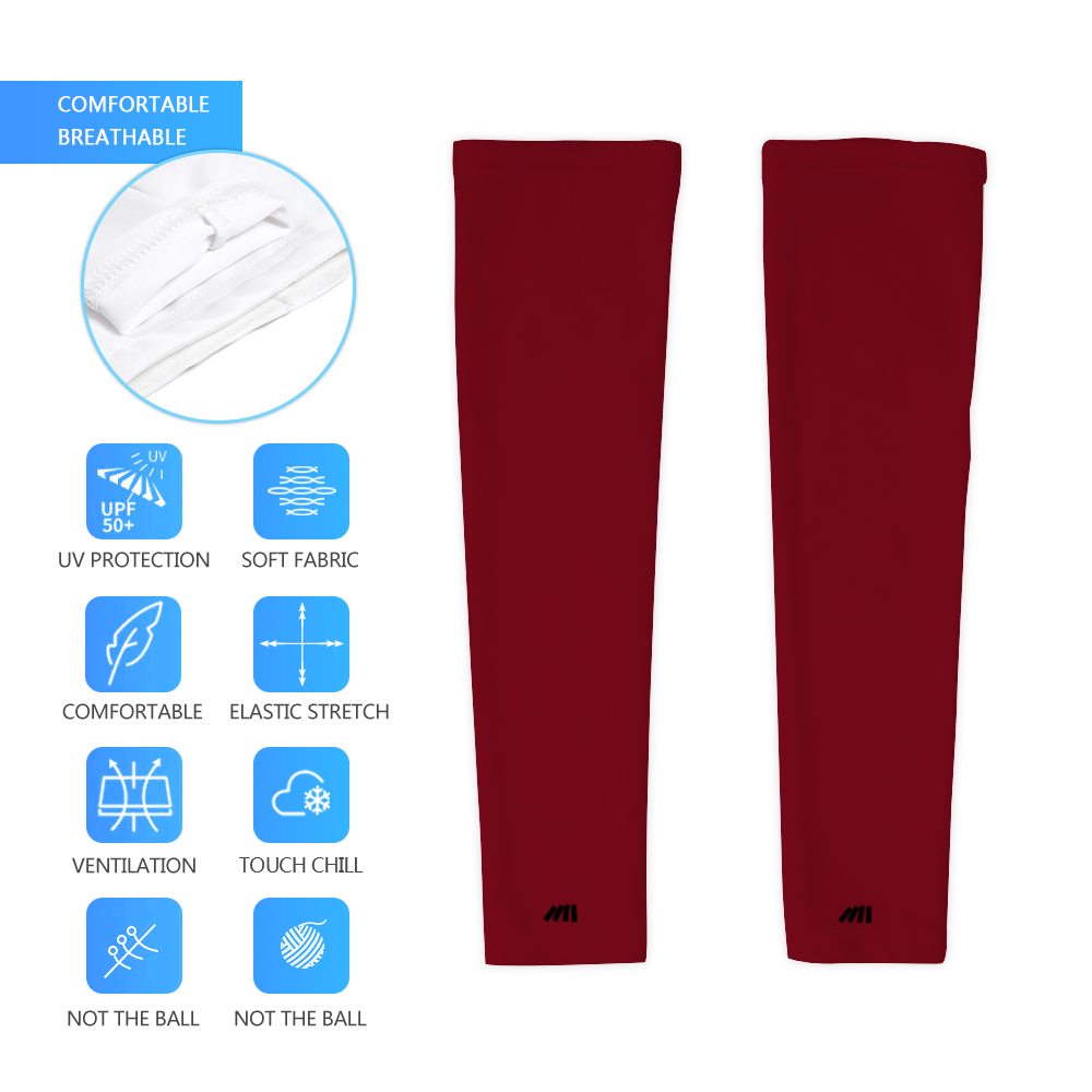 Athletic sports compression arm sleeve for youth and adult football, basketball, baseball, and softball printed in the color maroon