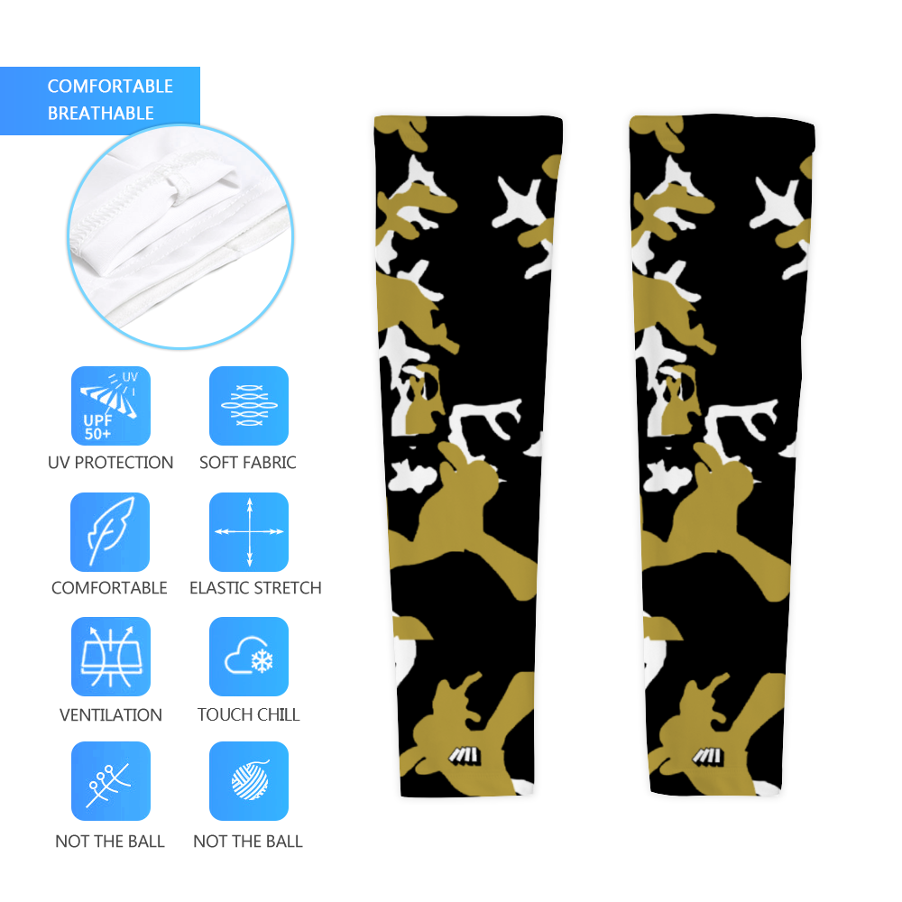 Athletic sports compression arm sleeve for youth and adult football, basketball, baseball, and softball printed with camo black, gold, white