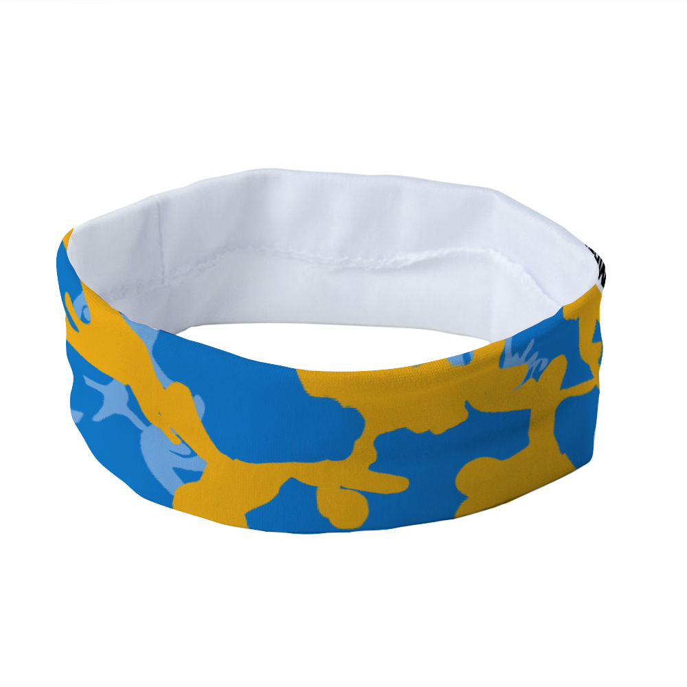 Athletic sports sweatband headband for youth and adult football, basketball, baseball, and softball printed with camo baby blue, blue, and yellow