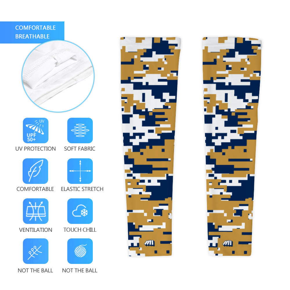 Athletic sports compression arm sleeve for youth and adult football, basketball, baseball, and softball printed with digicamo navy blue, gold, white Milwaukee Brewers colors