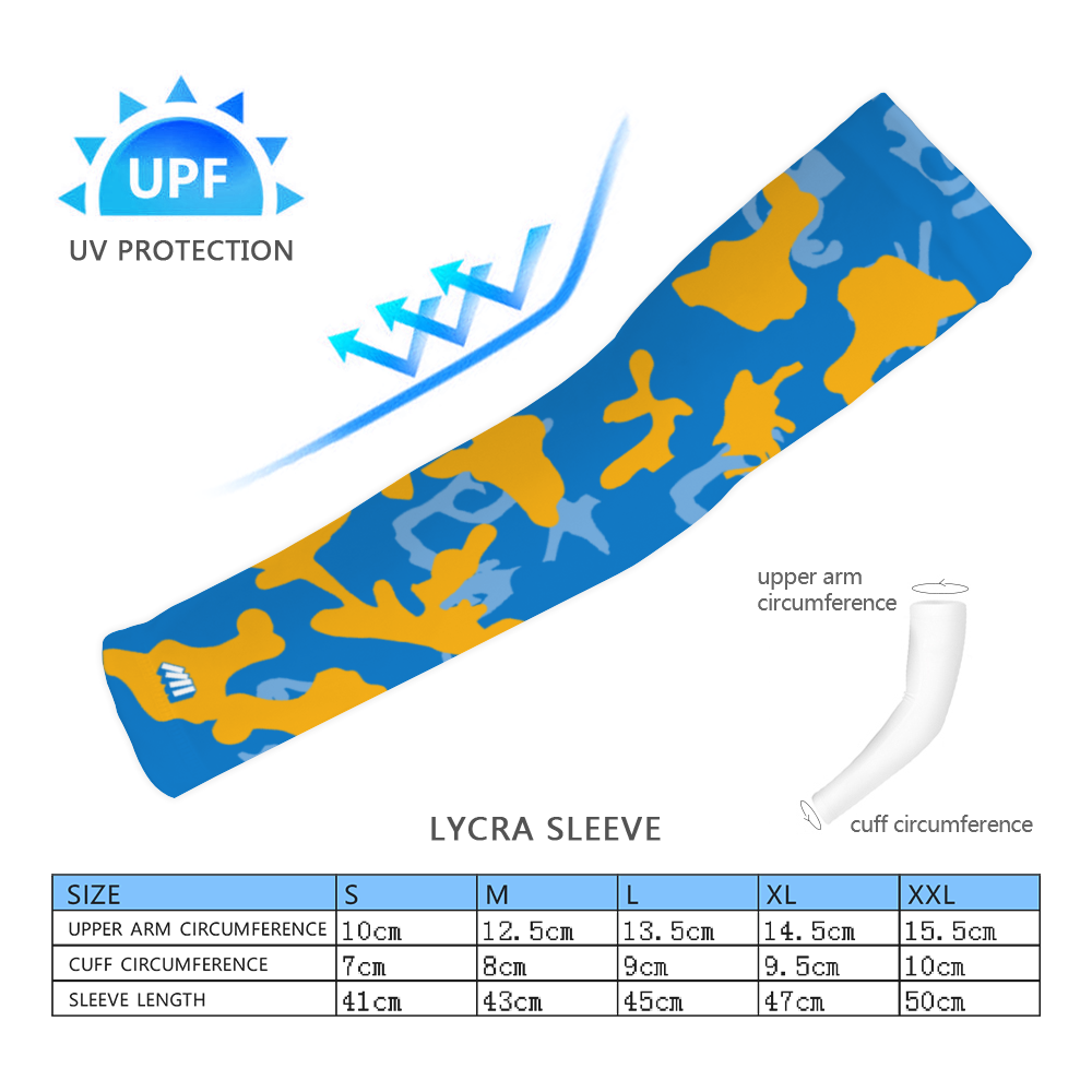 Athletic sports compression arm sleeve for youth and adult football, basketball, baseball, and softball printed with camo baby blue, blue, and yellow