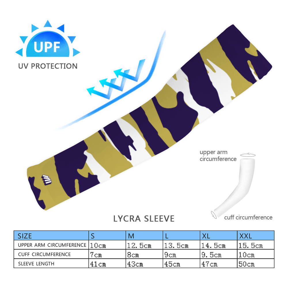 Athletic sports compression arm sleeve for youth and adult football, basketball, baseball, and softball printed with purple, gold, and white colors.