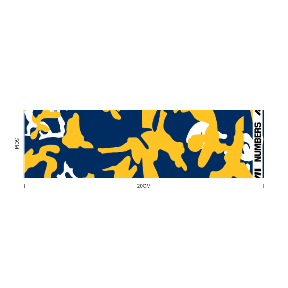 Athletic sports sweatband headband for youth and adult football, basketball, baseball, and softball printed in camo navy blue, yellow, white colors