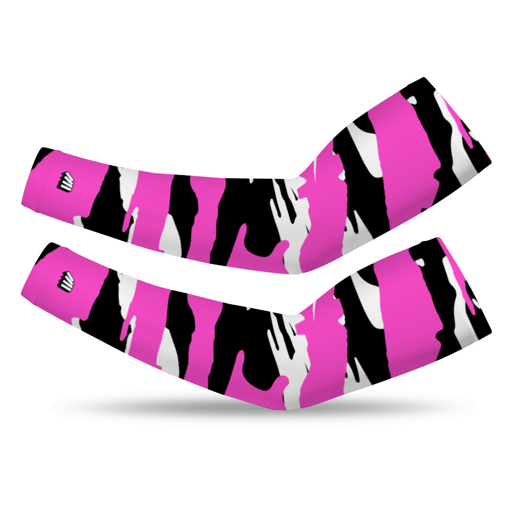 Athletic sports compression arm sleeve for youth and adult football, basketball, baseball, and softball printed with pink, black, and white colors. 