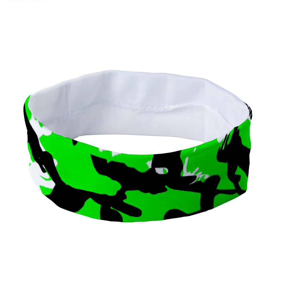 Athletic sports sweatband headband for youth and adult football, basketball, baseball, and softball printed with camo neon green, black, and white