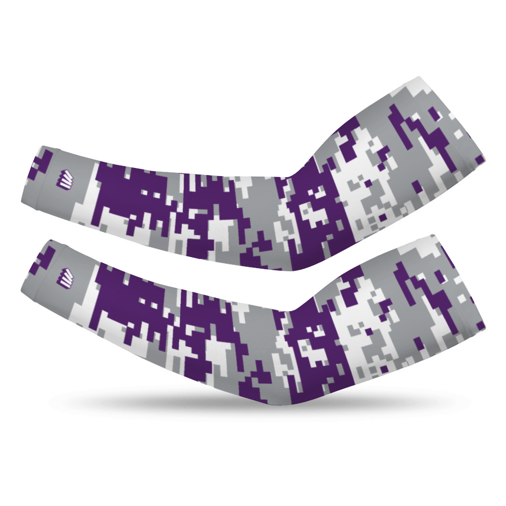 Athletic sports compression arm sleeve for youth and adult football, basketball, baseball, and softball printed with digicamo gray, purple, white Sacramento Kings colors