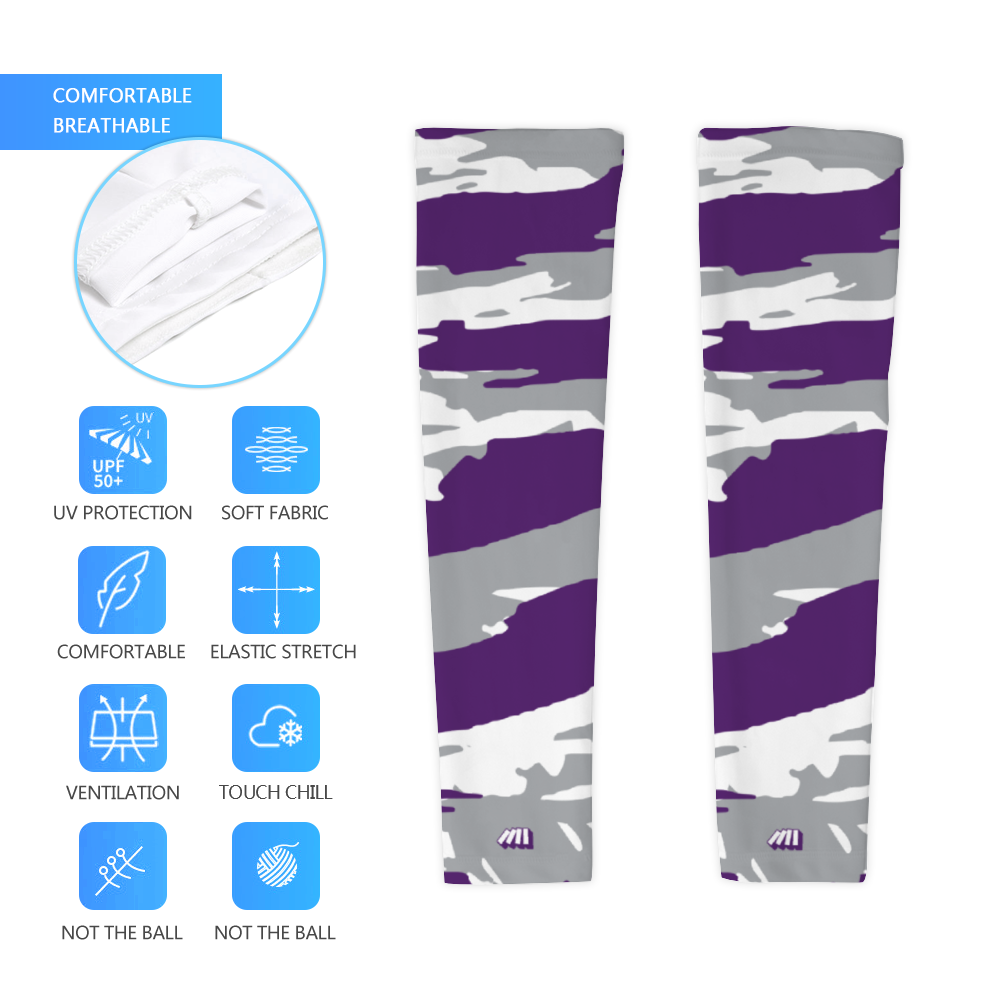 Athletic sports compression arm sleeve for youth and adult football, basketball, baseball, and softball printed with purple, gray, and white colors. 