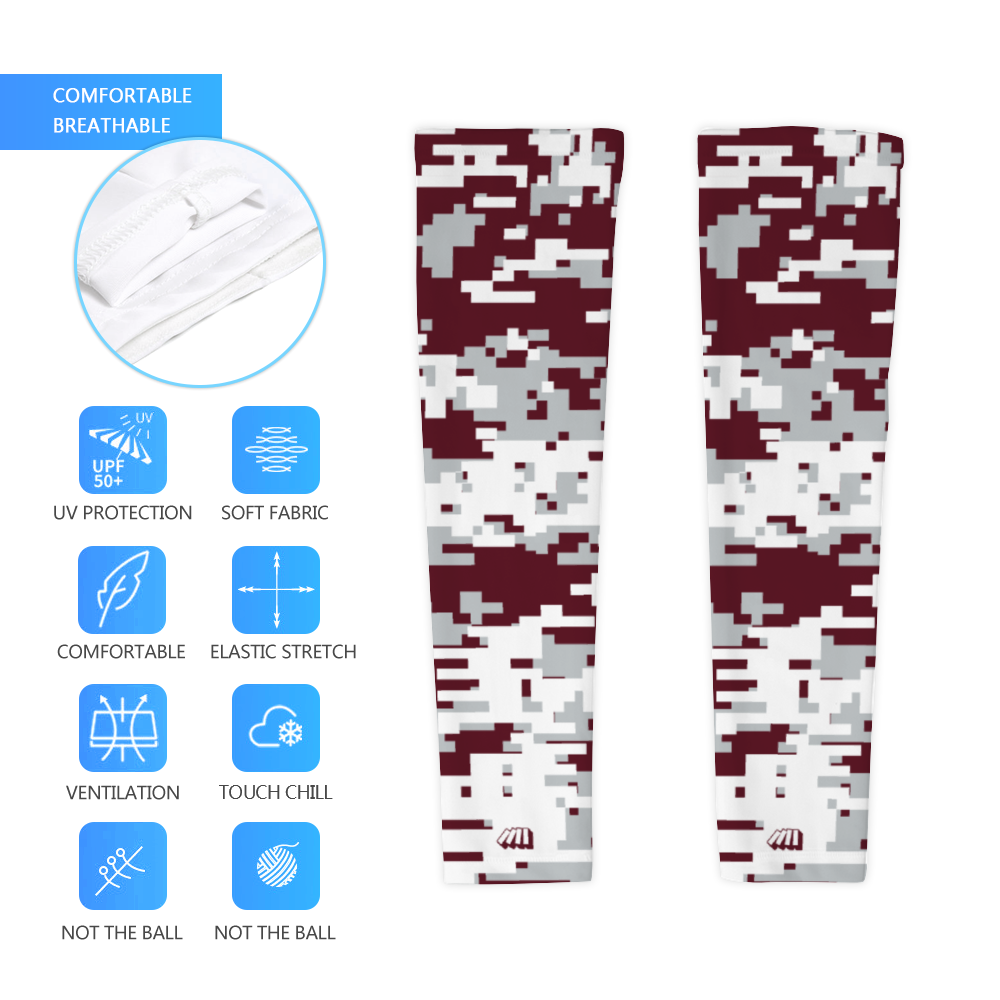 Athletic sports compression arm sleeve for youth and adult football, basketball, baseball, and softball printed with digicamo maroon, gray, white Mississippi State Bulldogs