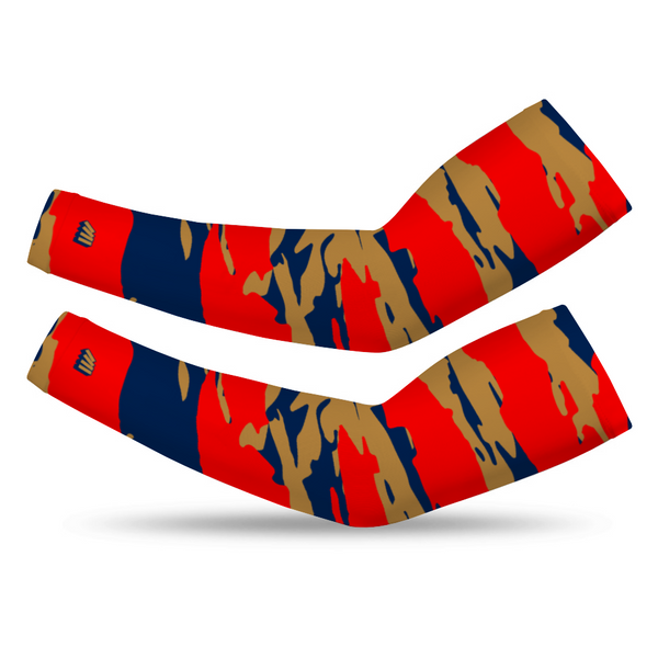 Athletic sports compression arm sleeve for youth and adult football, basketball, baseball, and softball printed with navy blue, red, and gold colors Florida Panthers. 