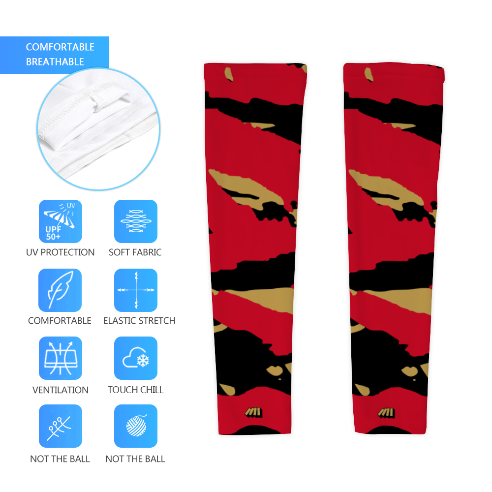 Athletic sports compression arm sleeve for youth and adult football, basketball, baseball, and softball printed with predator red, gold, and black San Francisco 49'ers Ottawa Senators