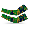 Athletic sports compression arm sleeve for youth and adult football, basketball, baseball, and softball printed with digicamo navy blue, gold, green Notre Dame Fighting Irish colors