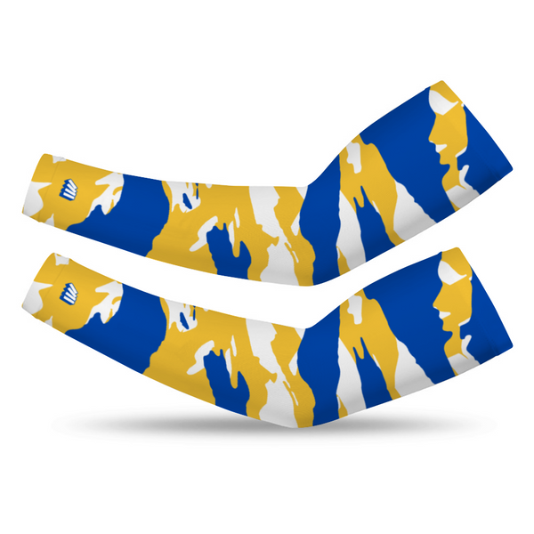 Athletic sports compression arm sleeve for youth and adult football, basketball, baseball, and softball printed with royal blue, yellow, and white colors.