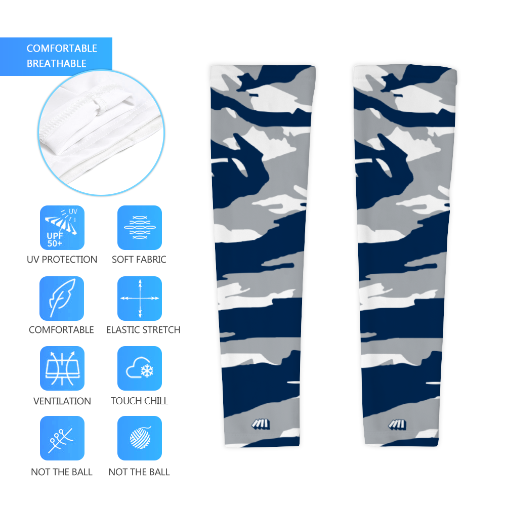 Athletic sports compression arm sleeve for youth and adult football, basketball, baseball, and softball printed with predator navy blue, gray, white Dallas Cowboys Detroit Lions