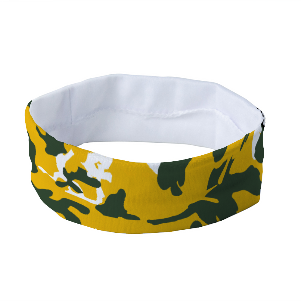 Athletic sports sweatband headband for youth and adult football, basketball, baseball, and softball printed with camo yellow, green, white