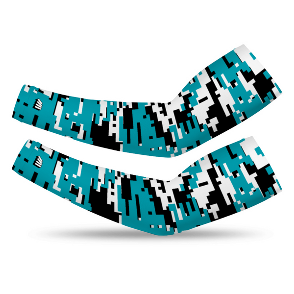 Athletic sports compression arm sleeve for youth and adult football, basketball, baseball, and softball printed with San Jose Sharks digicamo turquoise, black, white
