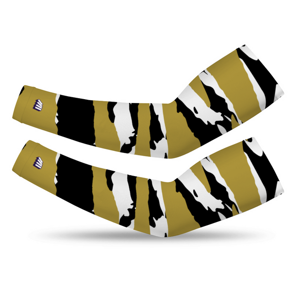 Athletic sports compression arm sleeve for youth and adult football, basketball, baseball, and softball printed with black, gold, and white colors. 