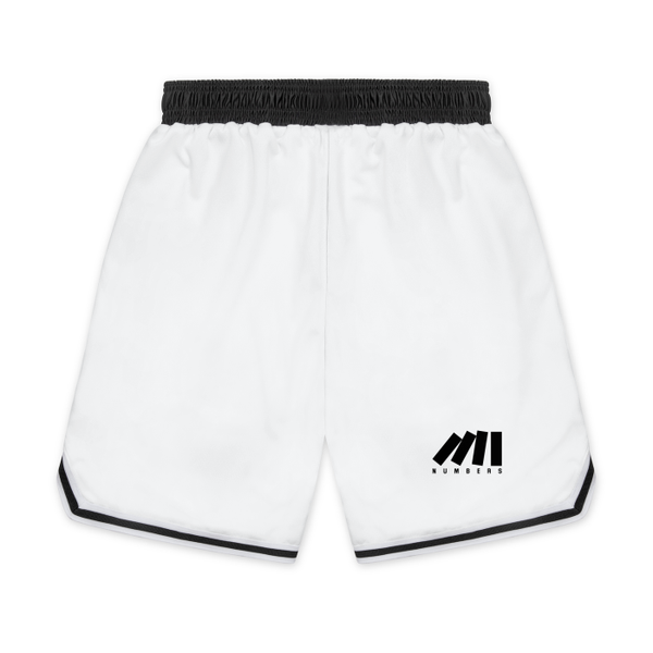 Throwback retro swingman short shorts for sports like basketball, track, running, athletic performance, gym workout, training, etc. printed with pockets and black and white striped trim