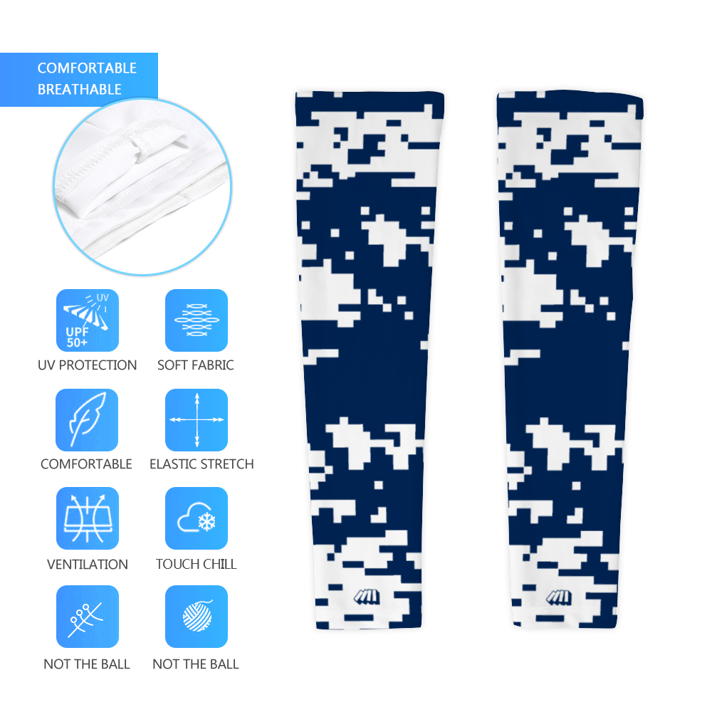 Athletic sports compression arm sleeve for youth and adult football, basketball, baseball, and softball printed with digicamo navy blue and white Brigham Young Cougars colors