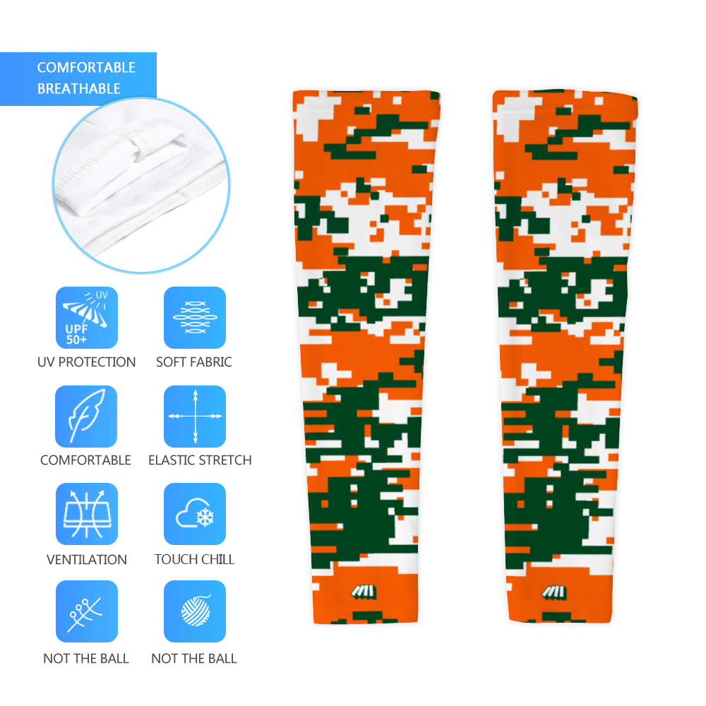 Athletic sports compression arm sleeve for youth and adult football, basketball, baseball, and softball printed with digicamo green, orange, white Miami Hurricanes colors