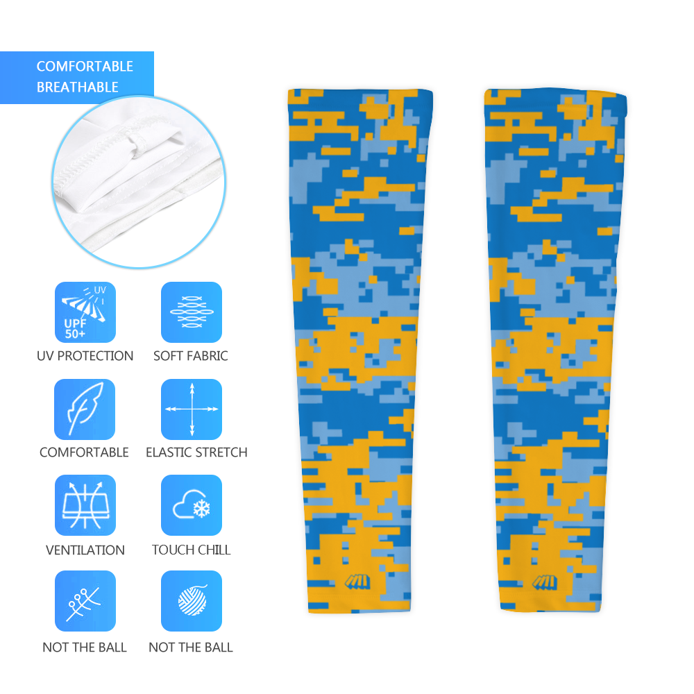 Athletic sports compression arm sleeve for youth and adult football, basketball, baseball, and softball printed with digicamo baby blue, yellow, white San Diego Chargers colors