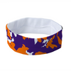 Athletic sports sweatband headband for youth and adult football, basketball, baseball, and softball printed in camo purple, orange, white colors